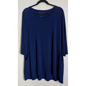 Susan Graver Womens XL Blue Tunic Top Dress 3/4 Sleeve Pockets Liquid Knit Chic